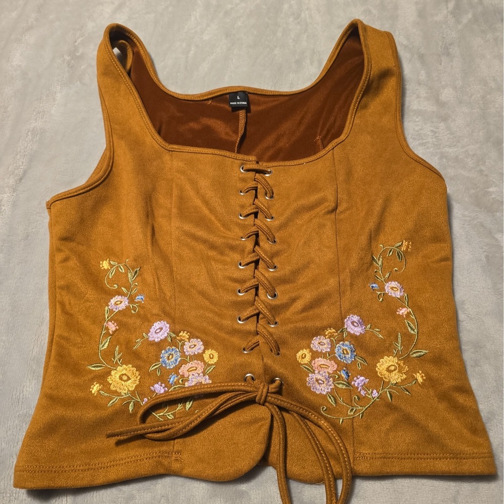 Brown Faux Suede Lace Up Corset Top Embroidered Flowers Size L Hippie Boho 70s